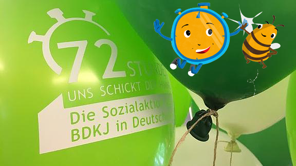 grüner Luftballon mit dem 72-Stunden-Logo aufgedruckt