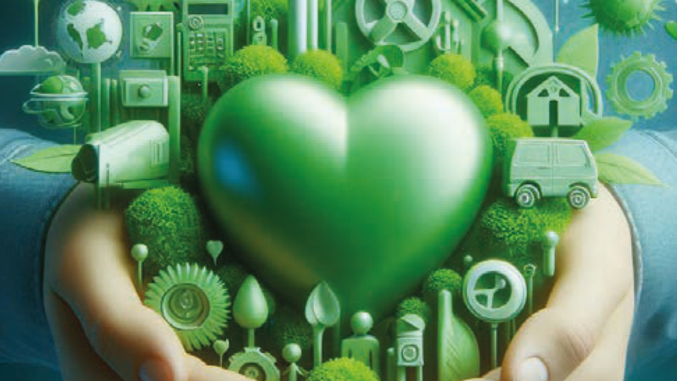 Hand hält grünes Herz mit verschiedenen Gegegnständen, alle grün eingefärbt